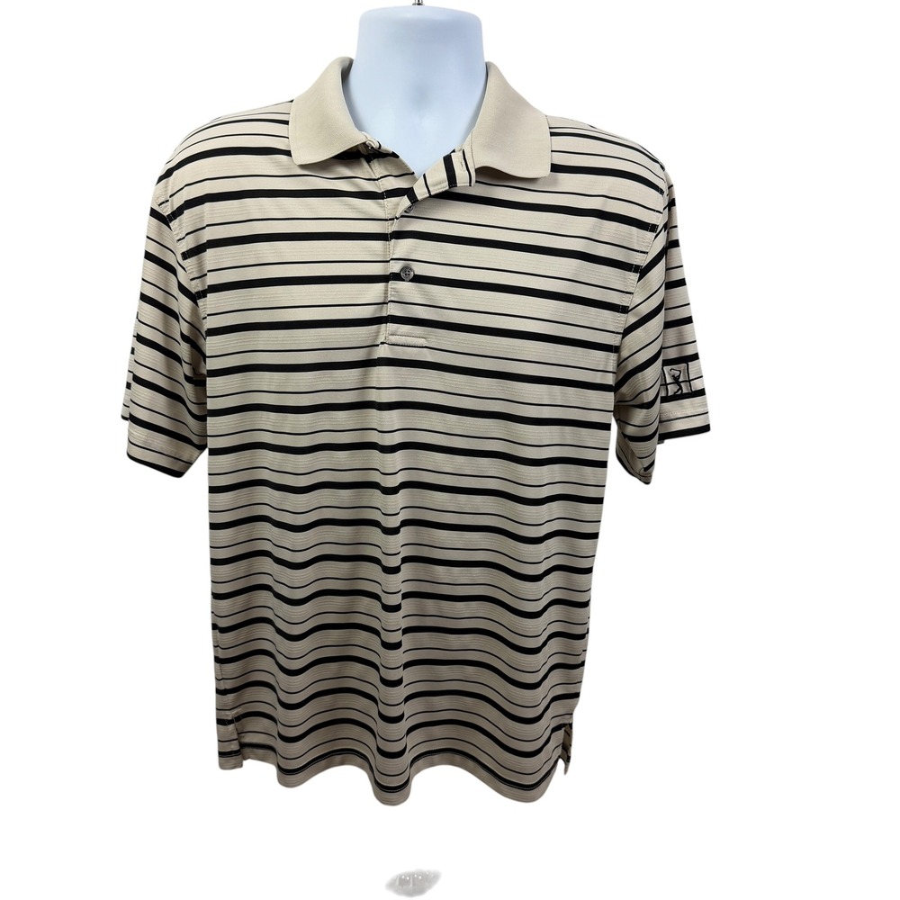 PGA Tour Men's Medium Striped Golf Polo Shirt Beige Black Short Sleeve Polyester